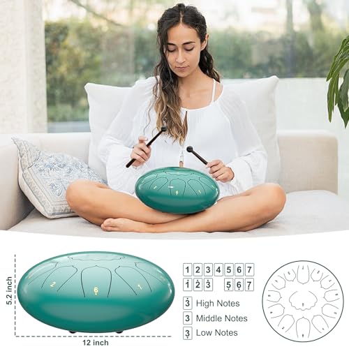 Image of D Major Steel Tongue Drum Handpan, 12 Inch 13 Note Rain Drum for Outside Garden, Meditation Rain Chime, Musical Percussion Instrument for Adult Gift with Bag, Music Book, Drum Mallets (Lake Blue)
