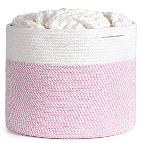 Image of Goodpick Baby Nursery Basket with Handles, Pink Storage for Toys, Clothes, Towels, Blankets, Books, Decorative for Bedroom, Girls Room, Bathroom, 15.8" x 15.8" x 13.8", Pink