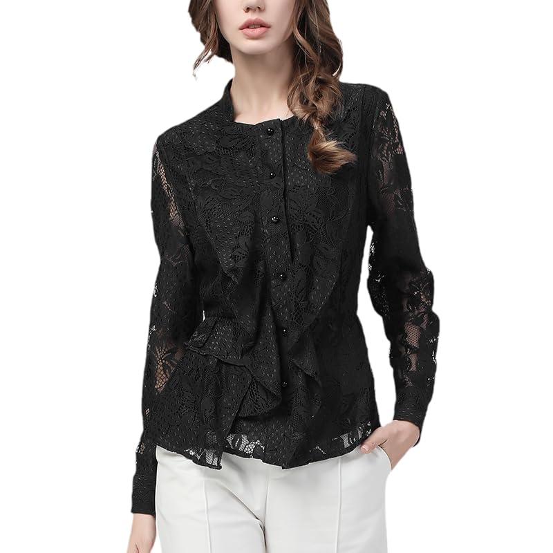 Top de Encaje con Cuello Cuadrado para Mujer, Prendas de Vestir de Cintura Estrecha y Manga Larga, Blusa Floral Calada, Camisa Coreana de otoño e Invierno (Negro S)