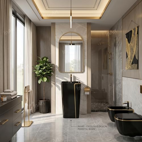 Image of InArt One Piece Ceramic Pedestal Free Standing Round Wash Basin for Living Room and Bathroom (17 x 14 x 34 Inch, Black Matt)