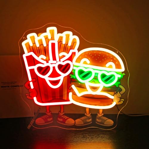 Image of Neon Sign, HSJNJKFU Hamburger and Fries LED Sign, UV Printed Neon Light Signs for Wall Decor, Kitchen, Cafe, Restaurant, Man Cave, Foodie Room Decor - USB Powered