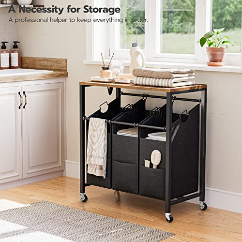 Hoobro Laundry Hamper Cart, 3-Section Laundry Basket With Flip Top, 29.5"L X 15.7"W X 32.7"H, Laundry Sorter, 3 × 10 Gal (38L), Removable Oxford Fabric Laundry Bags, Rustic Brown And Black Bf75Xy01 #TOP4