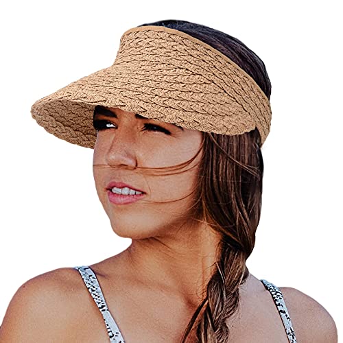 Straw Visor Hats for Women, Foldable Wide Brim Roll-up Beach Ponytail Hats Sun Protection for Golf Khaki