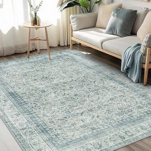 BEIMO Area Rugs for Living Room 8x10 Machine Washable Rug, Boho Vintage Retro Floral Carpet for Bedroom Dining Room, Low Pile Lightweight Non Slip Rug, Blue
