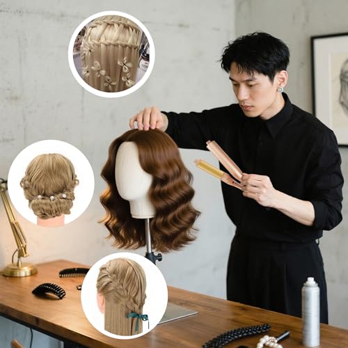 FGXY Frisierkopf Echthaar,Synthetisches Haar Trainingsköpfe Für Friseure,Trainingsköpfe Für Friseure,Für Frisöre Mit Kostenloser Klemme Und Diy Flechtset,Für Anfänger Und Friseure(Hellbraun)