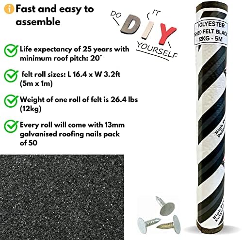 Black Polyester Shed Roofing Felt 16.4 x 3.2ft (5m x 1m) with 13mm Galvanized Roofing Nails Pack of 50 Included | Heavy Duty Premium 25 Year Life Expectancy Roof Felt