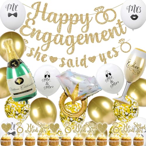 Engagement Party Decorations Banner Balloon- 35 Pcs Gold Glitter Happy Engagement She Said Yes Banners Cupcake Toppers Diamond Ring Wine Glass Bottle Foil Balloons for Proposal Party Decor Supplies