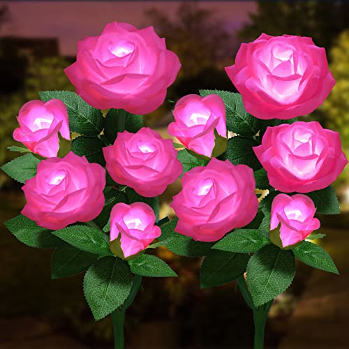 YWYWLED Solar Flower Lights Outdoor - Upgraded New Material Two Modes Realistic LED Solar Powered Waterproof Lights with 5 Roses, Solar Decorative Stake Lights for Garden (Pink, 2 Pack)
