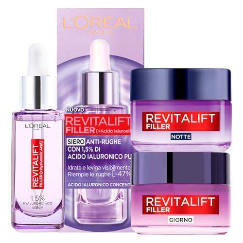 L'Oréal Paris Revitalift Filler - Kit de sérum antiarrugas rellenador e hidratante 30 ml, tratamiento antiedad reafirmante de 50 ml y tratamiento facial noche rellenador con ácido hialurónico de 50 ml