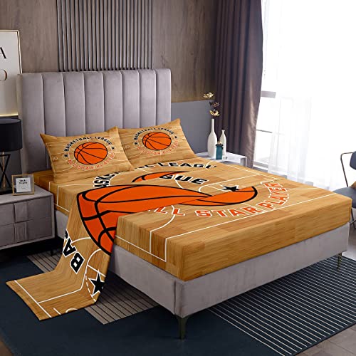 Juego de sábanas de Baloncesto para Deportes, Juego de sábanas de Arena de Doble tamaño para niños y niñas, Adolescentes, sábanas de Pelota de Baloncesto con Bolsillo Profundo, Juego de Cama para ama