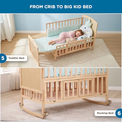 Image of Mee Mee.Dream Grow Baby Cot 15-in-1 Convertible Cradle Cum Cot | Solid New Zealand Pinewood | Bedside Co-Sleeper | 6-Level Height | Rocking Cradle |Toddler Bed |Kids Study Table | BIS & EN Certified