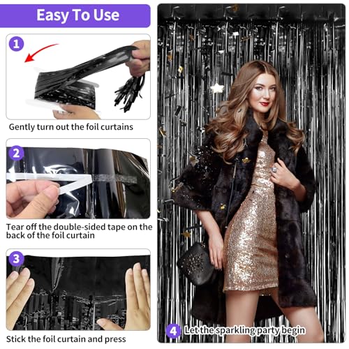 Image of Black Tinsel Foil Fringe Curtains 3.3 x 8.2 ft, Black Fringe Backdrop for Streamers Party Decorations, Glitter Photo Backdrop for Door Decorations Hanging Birthday Bachelorette Halloween (2 Pack)