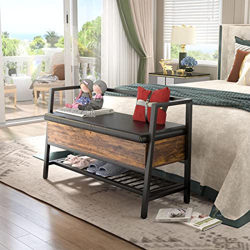 Homieasy Storage Shoe Bench With Padded Seat, Entryway Bench With Lift Top Storage Box, Industrial Shoe Rack Bench Pu Leather Cushion Holds Up To 250 Lb For Entryway Bedroom Hallway, Rustic Brown #TOP6