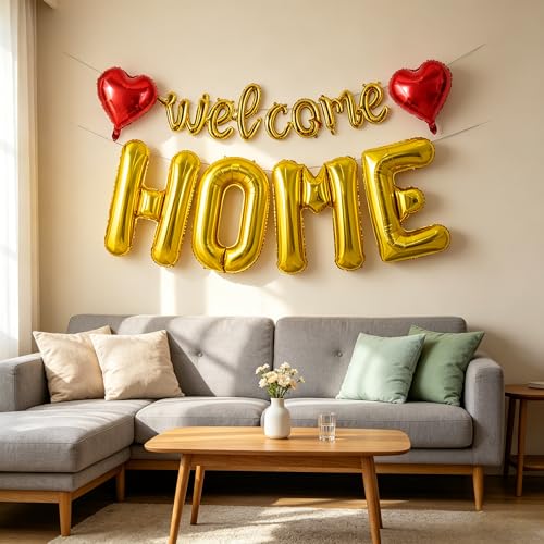 Image of TONIFUL 2 Size Gold WELCOME HOME Foil Balloons Banner Letter Decorations