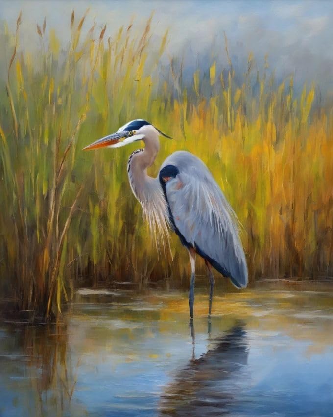 ZMHZMY DIY Filling Oil Canvas Paint by Number Kit Great Blue Heron,Reeds with Brushes and Acrylic Pigment DIY Canvas Painting for Adults Beginner,40x50cm,Without Frame
