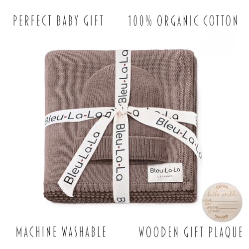 Image of Baby Gift Set - Organic Cotton Blanket + Hat Set, Newborn Blanket Essentials, Baby Boy Gifts (Luxe - Milk Chocolate)