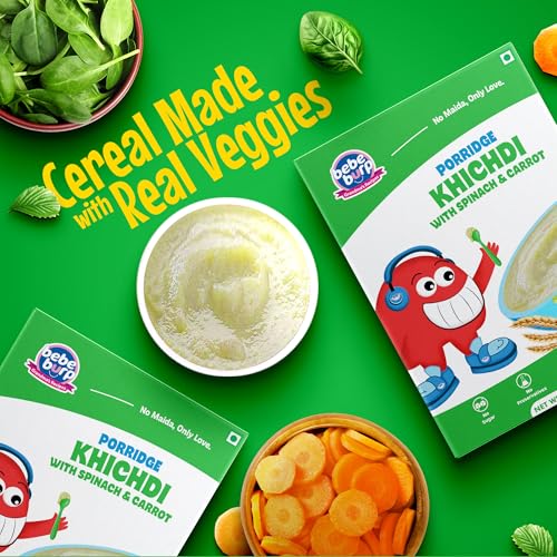 Image of BE'BE' BURP - Cereals | Mix Porridge Khichdi Mix Porridge with Spinach & Carrot| No Sugar No Salt | No Artificial Preservatives & Flavours | Real Fruits & Vegetables | 200g