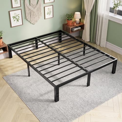 Image of OLIXIS 14In Metal Queen Bed Frame with Storage Space, No Box Spring Needed with Sturdy Steel Slat Support, Heavy Duty and Easy Assembly, Platform Bed for Bedroom, Black