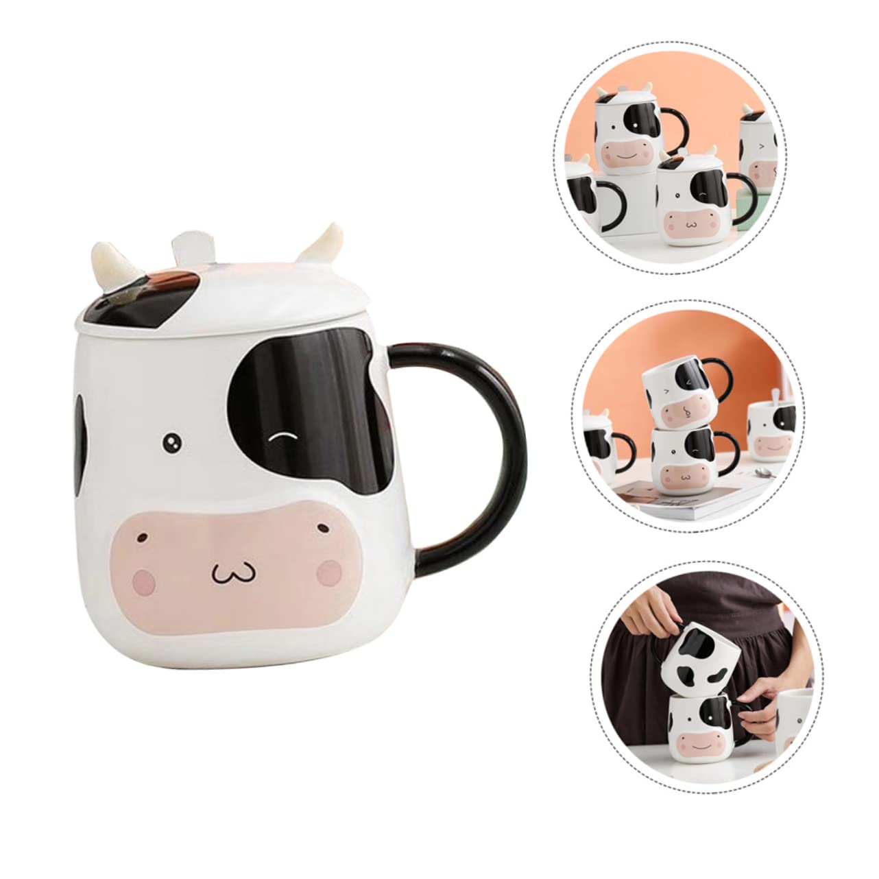 Keramik Kaffeebecher 450ml mit Deckel und Löffel Milch und Teetasse für Kinder Stilvoller Porzellanbecher mit Niedlichem Kuh Design