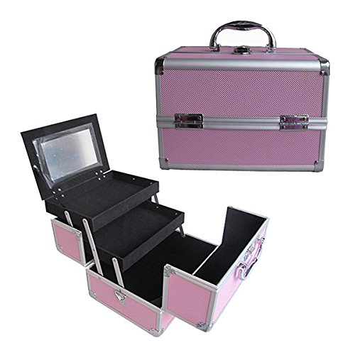 BerucciTM Professional Pink 10" Lightweight Aluminum Makeup Artist Organizer Kit with 2 Extendable Trays, Aluminum Trimming, Lock and Keys, Mirror, and Shoulder Strap