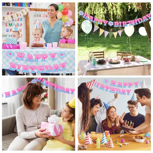 Image of Oudain Spider Theme Birthday Banner Pre-strung Web Flags,Pink Blue | Cartoon Backdrop Design, Happy Birthday Bunting for Party Supplies, Easy Hanging Decor for Themed Celebration