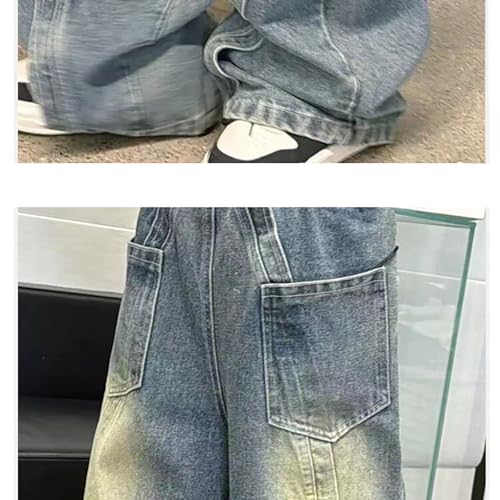 BILIKEYU Girls Streetwear Jeans Elastic Waist Colour Block Baggy Straight Wide Leg Denim Pants with Pockets3