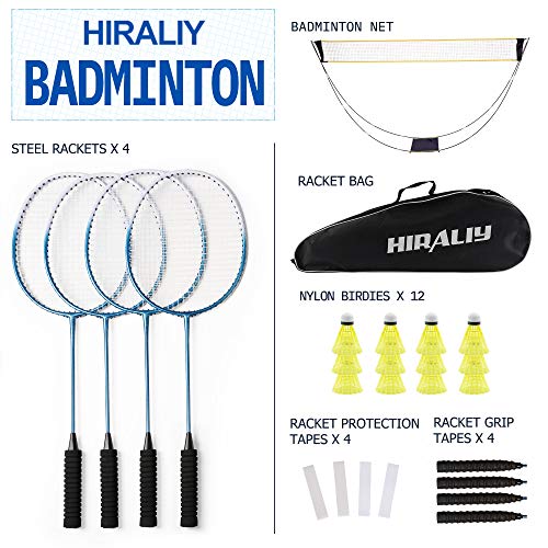 Hiraliy Complete Badminton Set, Badminton Rackets Set Of 4 For Outdoor Backyard Games, Includes 1 Portable Badminton Net, 4 Rackets, 12 Plastic Shuttlecocks, 4 Replacement Grip Tapes And 1 Carry Bag #TOP1