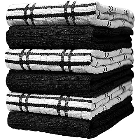 Dish Towel 16"x26" | Black Windowpane Design | Kitchen Hand Towels, Large Tea Towel Set | Dish Towels for Kitchen | Natural Ring Spun Cotton Dish Towel | Soft, Highly Absorbent | 400 GSM - 6 Pack Cover
