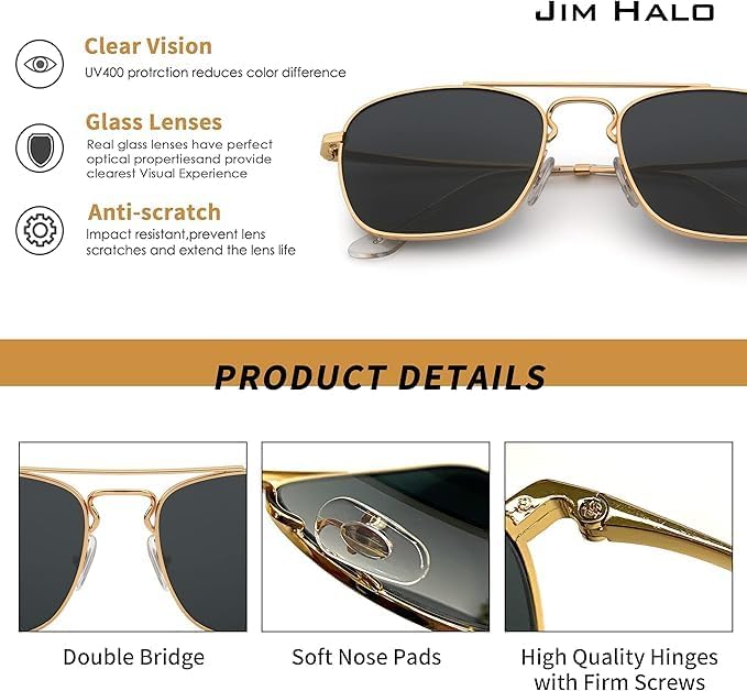 JIM HALO Retro Square Aviator Sunglasses Premium Glass Lens Flat Metal Eyewear Men Women - Image 3