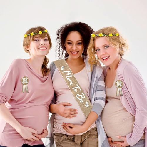Image of 3PCS Mom to Be Sash Mom to Be Pin, Neutral Burlap Maternity Sash Corsage Pin and Flower Crown Headband, Boho Style Mommy to Be Sash for Baby Shower Sash Pin Set for Pregnant Keepsake Gifts