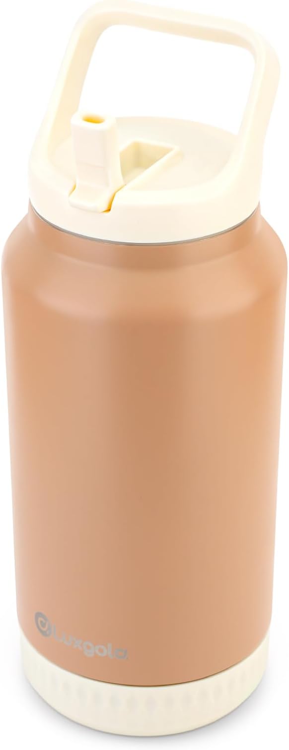 64 oz Insulated Water Bottle, Half Gallon Stainless Steel Vacuum Tumbler with Flip Straw Lid and Top Handle - Keeps Drinks Cold/Hot, Wide Mouth, Leak Proof, BPA-free, Non-slip Base (Khaki)