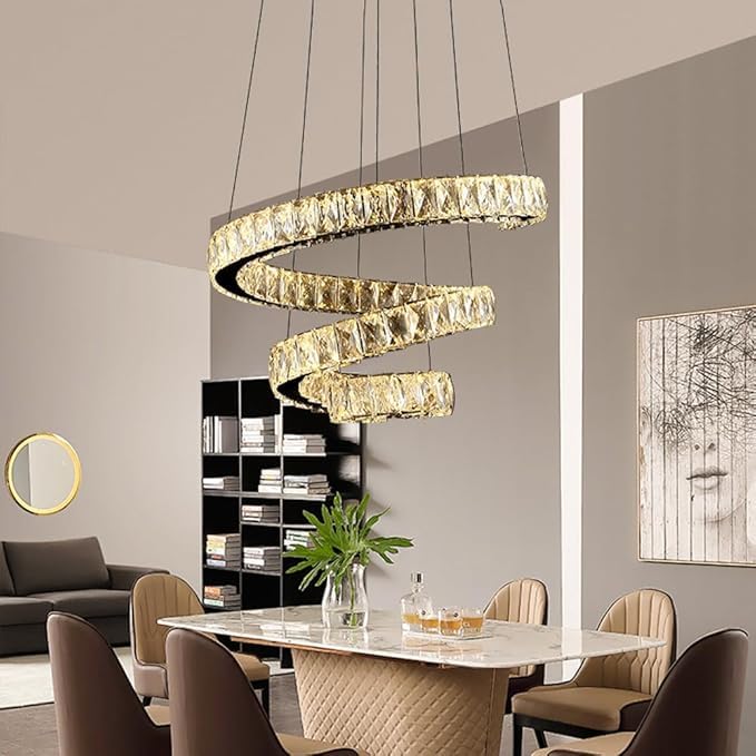 Grande lampadario di cristallo per soffitti alti, moderno, rotondo, a spirale, grande, a LED, lampadario lungo regolabile per ingresso, scala, soggiorno, sala da pranzo, cucina, isola, cam