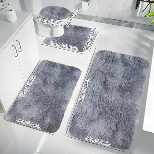 Qixuer WC Vorleger Set 4-teilig mit Ausschnitt, rutschfeste Badezimmermatte 40x60+40x50+40x40+40x80cm, waschbare Badteppiche aus Polyester in Hellgrau – Bild 3
