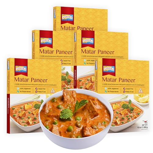 Ashoka Heat & Eat Entrees 1932, Vegetarian Green Peas & Cheese, Gluten-Free Indian Meals, Kosher Certified, All-Natural Matar Paneer, Travel Friendly, Portable, No Preservatives, Pack of 5