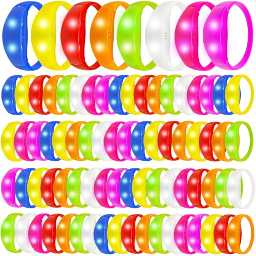 100 Pcs Sound Activated LED Bracelets for Adults Party Light Up Bracelets Wedding LED Bracelet Neon Glow in the Dark Party Favors for Concert (red,yellow,blue,green,orange,white,purple,hot pink)