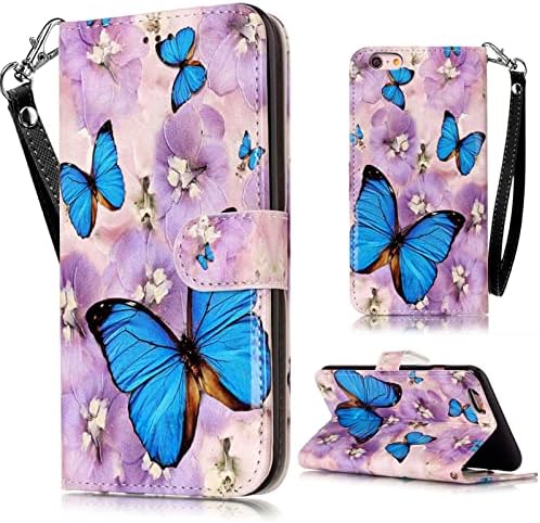 JanCalm for iPhone SE 2022 Case,iPhone 8 Wallet Case,iPhone 7 Case,iPhone SE 2020 Case,iPhone 6/6S Case,PU Leather [Wrist Strap] [Card Holder/Cash Slots] Stand Flip Cover (Butterfly/Purple)