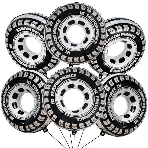 6 PCS Race Car Tire Foil Balloons 30 Inch Reusable Racing Wheel Balloons with Ribbon Glue Dots and Straw Racing Theme Party Decorations for Birthday Game Theme Event
