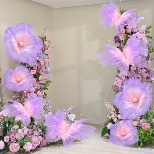 Image of Cinnvoice 8 Pcs Large Butterfly Flower Decorations 20 Inch 12 Inch 3D Giant Silk Butterfly Big Flower Mariposas Grandes para Decoracion for Wedding Backdrop Birthday Party(Gradient Pink Purple)