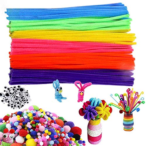 Pipe Cleaners Craft Set Meiso 500 Pcs Craft Supplies Including 100 Pcs Chenille Stems with 250 Pcs Pom Poms Craft and 150 Pcs Wiggle Googly Eyes Self Adhesive Assorted Colors Sizes for DIY Art Craft