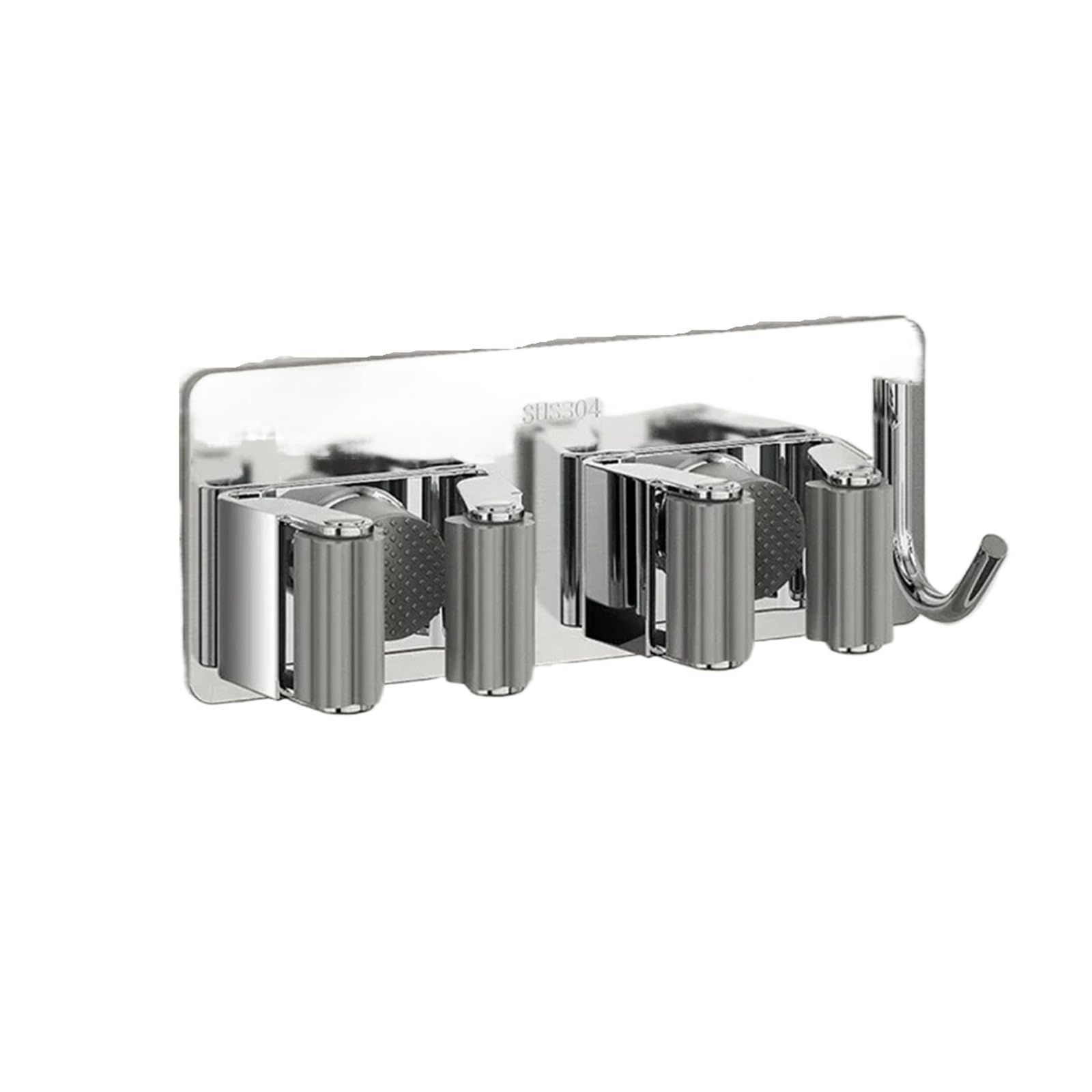 HRXEXSBAM Wall-Mounted Mop Storage Clip Bathroom Mop and Broom Hanging Rack Hook 304 Stainless Steel Mop Clip(Silver 2 with Hook)