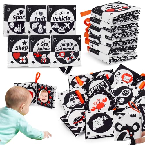 Image of 6 PCS High Contrast Soft Baby Books 0-6 Months Black and White Baby Toys for Newborn 0 3 Month Brain Development My First Sensory Cloth Books Crinkle Toys for Infant 6-12 Months with Mirror Baby Gifts