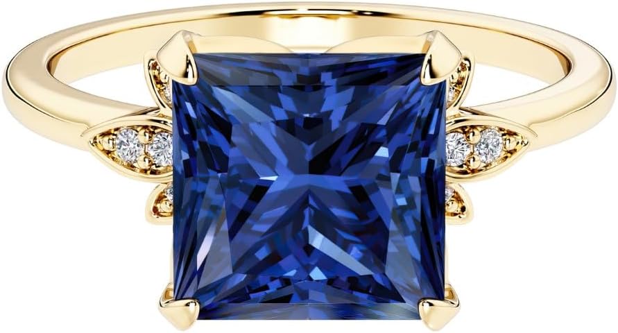 14k White or Yellow Gold 2.25 Ct Princess Lab Blue Sapphire and Diamond Petal Cluster Ring, September Birthstone, Engagement, Anniversary, Wedding, Birthday Gift for Women w/ Jewelry Box, Sz 4-10