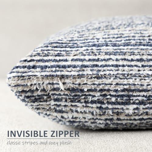 Image of Foindtower Set of 2 Faux Fur Textured Modern Throw Decorative Pillow Covers Lumbar Accent Striped Cushion Sherpa Boho Farmhouse Pillowcase for Couch Sofa Living Room Home Decor 12x20 Inch,Dark Blue