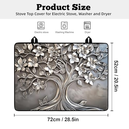 Image of Multi-Design Stove Top Cover for Glass /Electric Stoves - 3-in-1 Heat-Resistant Protector Mat, Non-Slip Drying Rack 28 inchx20 inch (Silver-Tree, 28 inch L x 20 inch W)