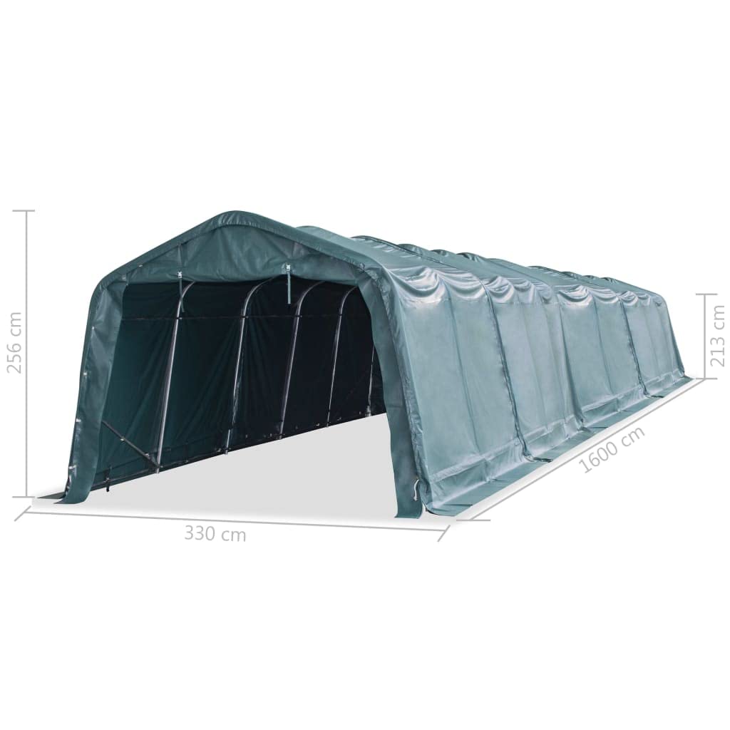 Namiot pastwiskowy PCW 550 g/m², ciemnozielony dla koni, owiec i krów, 3,3 x 16 m, ze stalową ramą, odporny na działanie promieni UV, wodoodporny, do pastwiska i rolnictwa