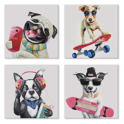 SEVEN WALL ARTS Colorful Gallery Pet Canvas Painting Puppy Artwork Abstract Hip-hop Dog Cartoon Picture Print on Canvas for Kids Boy Girl Room Bathroom Nursery Décor 12'' x 12'' x 4 Pcs Cover