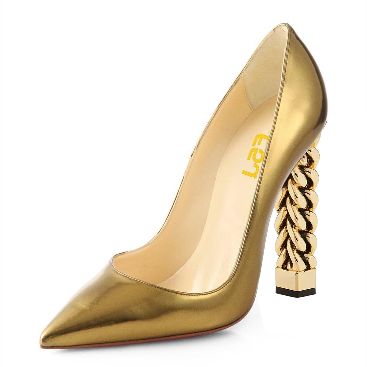 FSJ Women Gold Metal Chain Chunky High Heel Pointed Toe Slip On Fashion Party Prom Pumps Wedding Sexy Shoes Size 4-15 US
