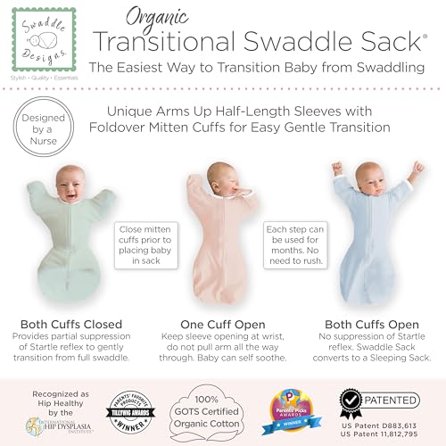 Image of SwaddleDesigns Organic Transitional Swaddle Sack, Arms Up Half-Length Sleeves & Mitten Cuffs, Most Gradual Transition Swaddle