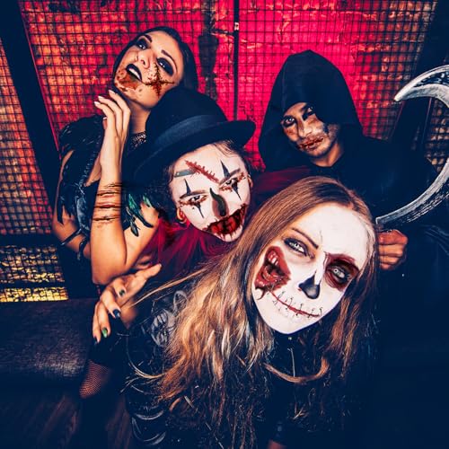 Image of XIYOKA 30 Sheets 220+ PCS Halloween Fake Scars Tattoos Temporary, Chucky Zombie Makeup Kit, Realistic Halloween Face Stitch Scar Makeup Tattoos Stickers Masquerade Prank Makeup Props