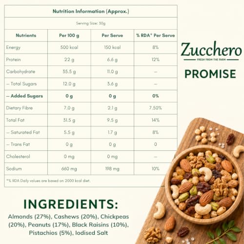 Image of Zucchero Roasted & Salted Nut Mix (800g) - Premium Nut Blend | Crunchy Protein Mix| Smart Snack | Roasted Almond, Cashew, Pista, Chikpea, Black Raisin | Oil Free | Zero Cholesterol | Daily Chakna